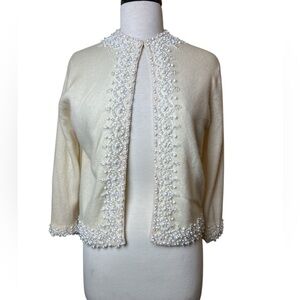 Johnson Dong Co Vintage Cardigan Size 40  Ivory Beaded Cashmerere Angora